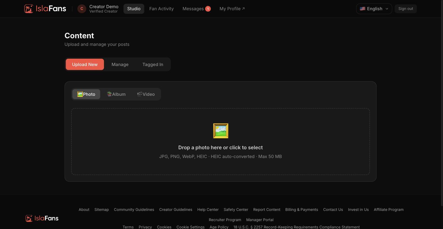 The Upload tab — dropzone for a single photo post.