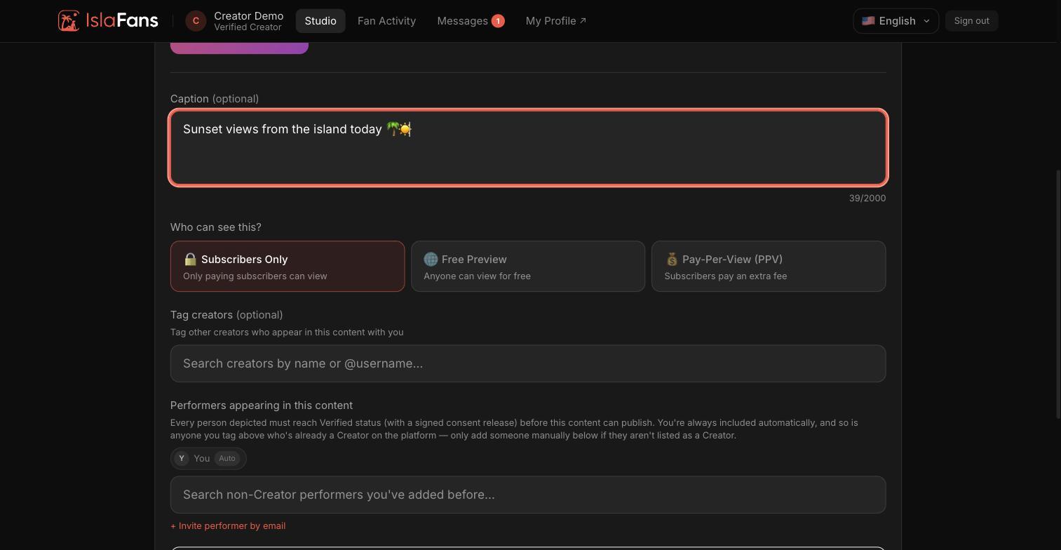 Caption field, access-control options (Free / Subscribers / PPV), and creator tagging.