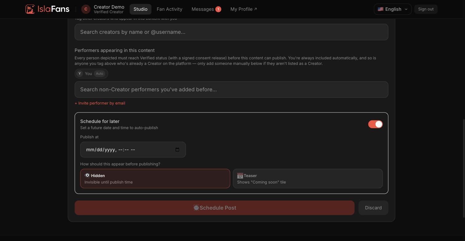 The scheduling section, expanded, with date and time controls.