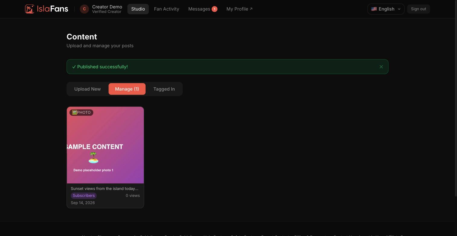 The Manage tab — grid of published posts.