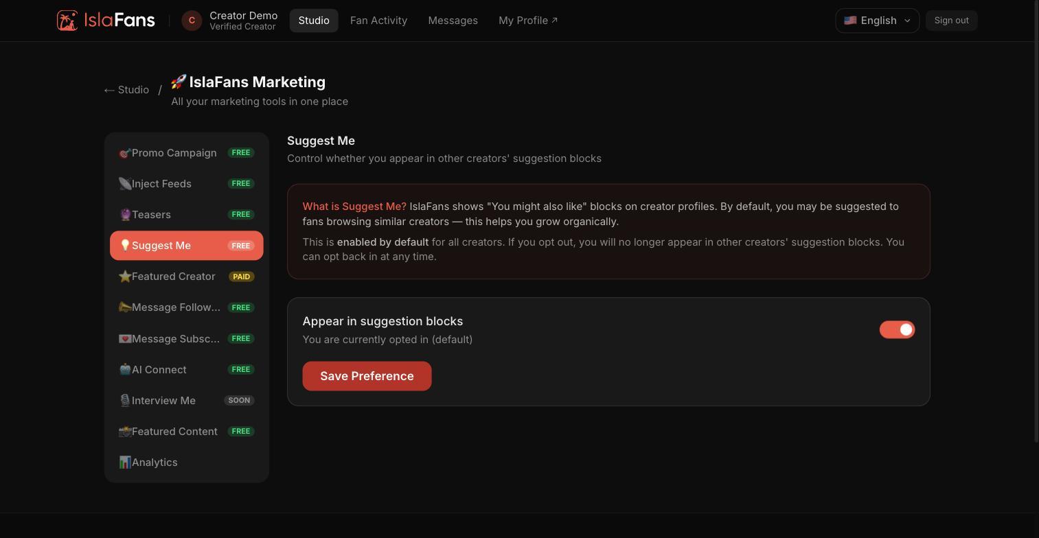 Control whether you appear in other creators' "You might also like" suggestion blocks. Enabled by default for all creators.