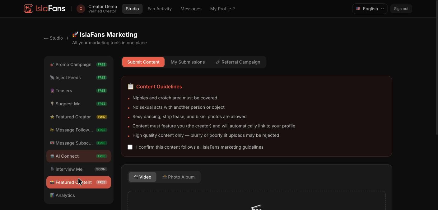 The Submit Content tab, with the content guidelines for submissions considered for IslaFans' own featured placements.