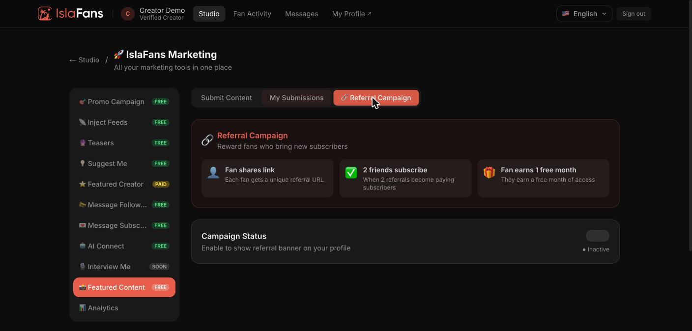 Fans who share your referral link earn subscribers a free month once two referrals become paying subscribers.
