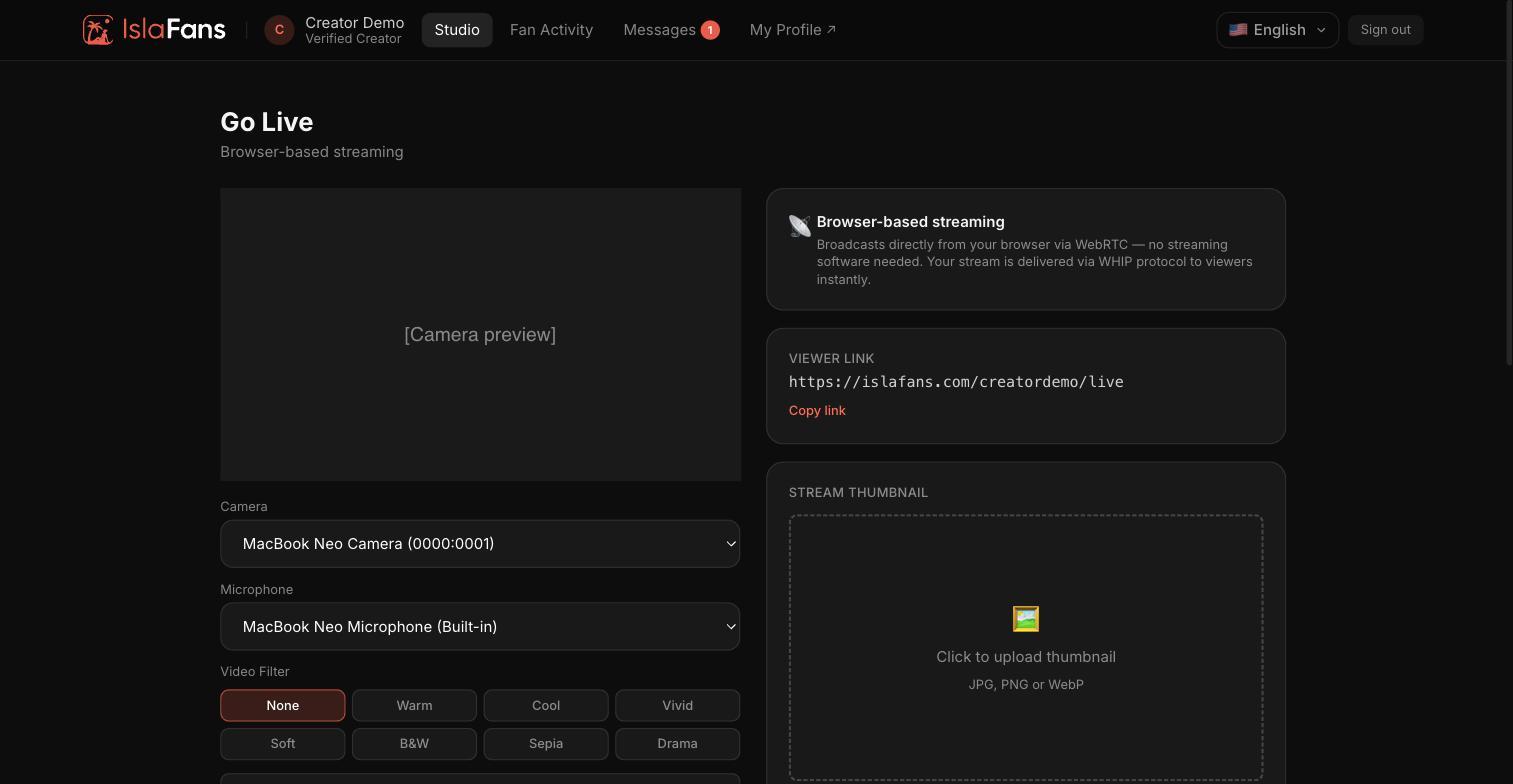 The Go Live setup screen — camera preview and device pickers.