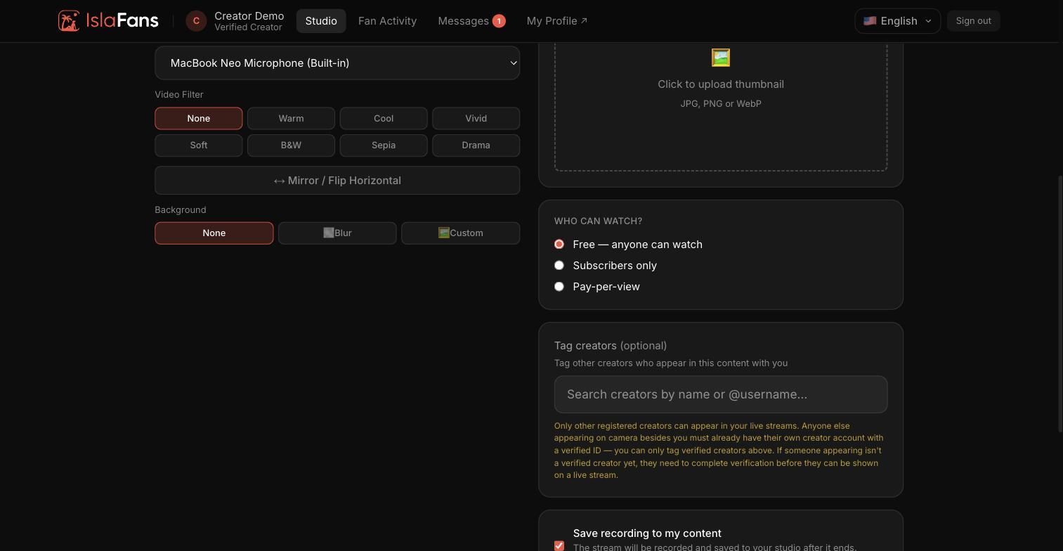 Filter and background options alongside access settings for the stream.