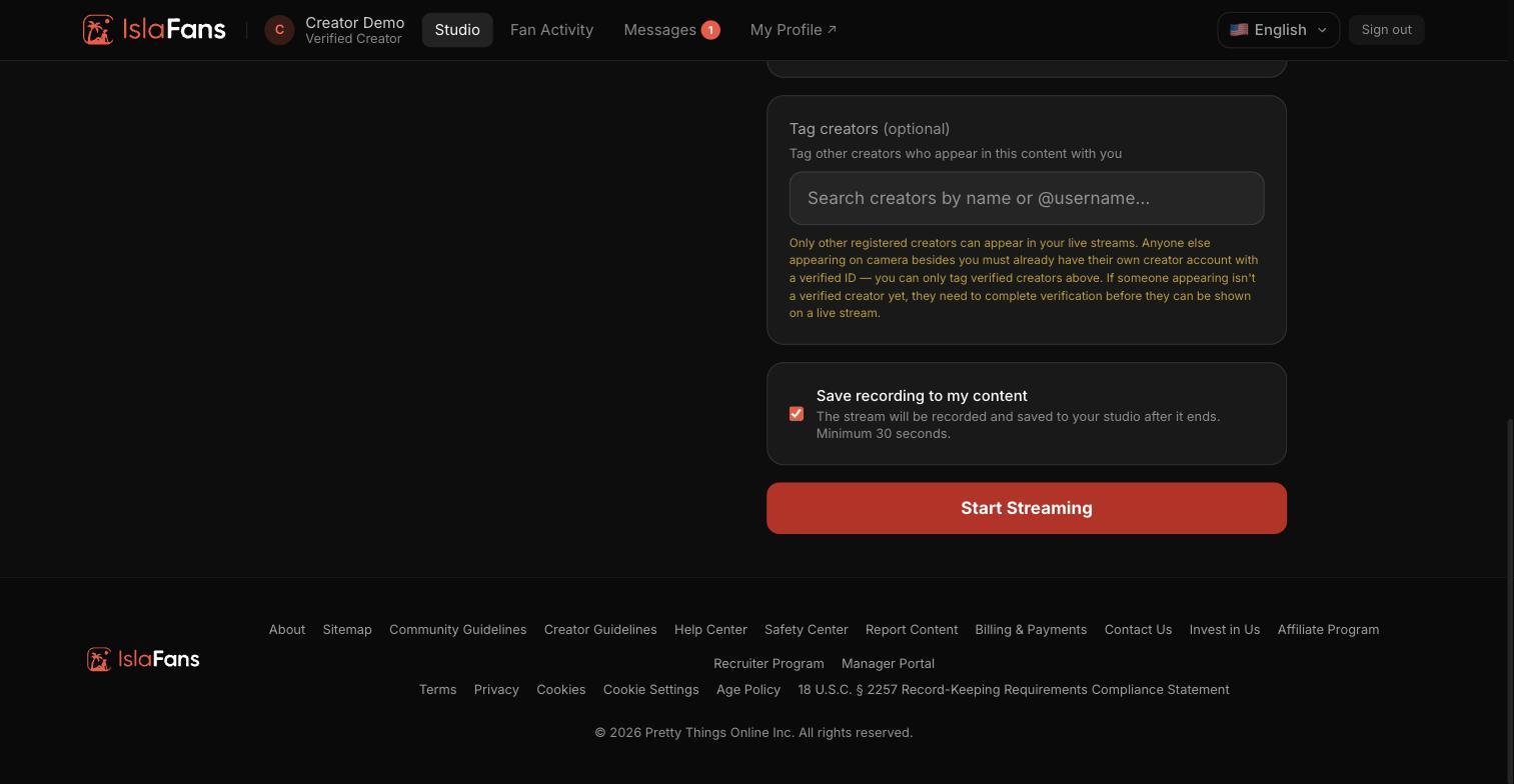 Access/pricing controls and the recording toggle, with the button to start the live broadcast.