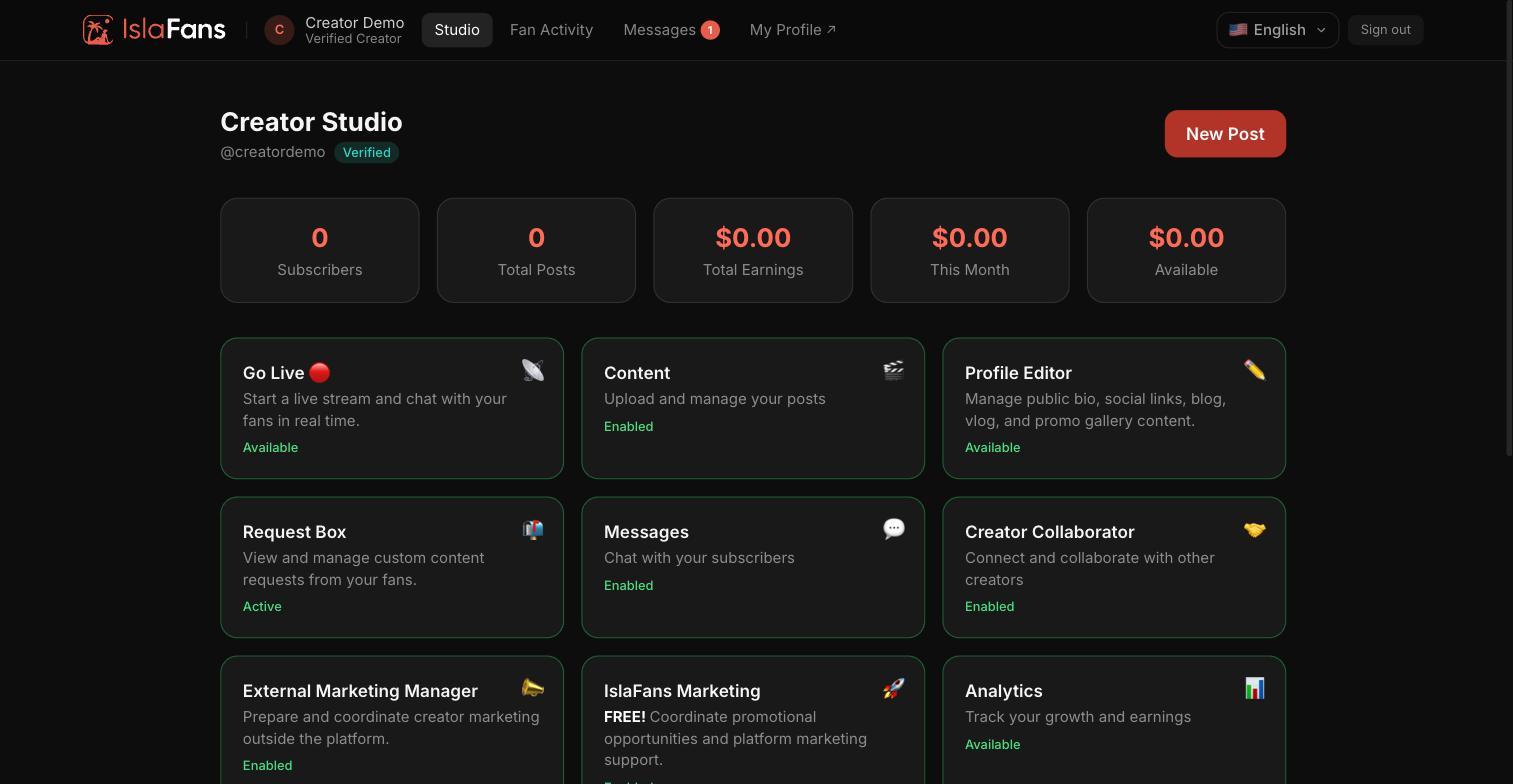 The Creator Studio dashboard for a verified creator — stats row at the top, then the grid of tool tiles.