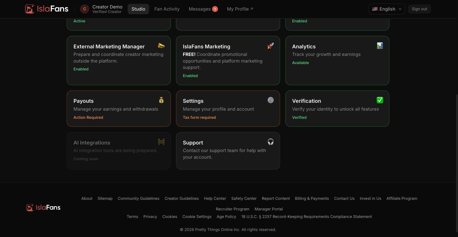 More tiles further down the dashboard, including IslaFans Marketing, Analytics, Payouts, Settings, Verification, AI Integrations, and Support.