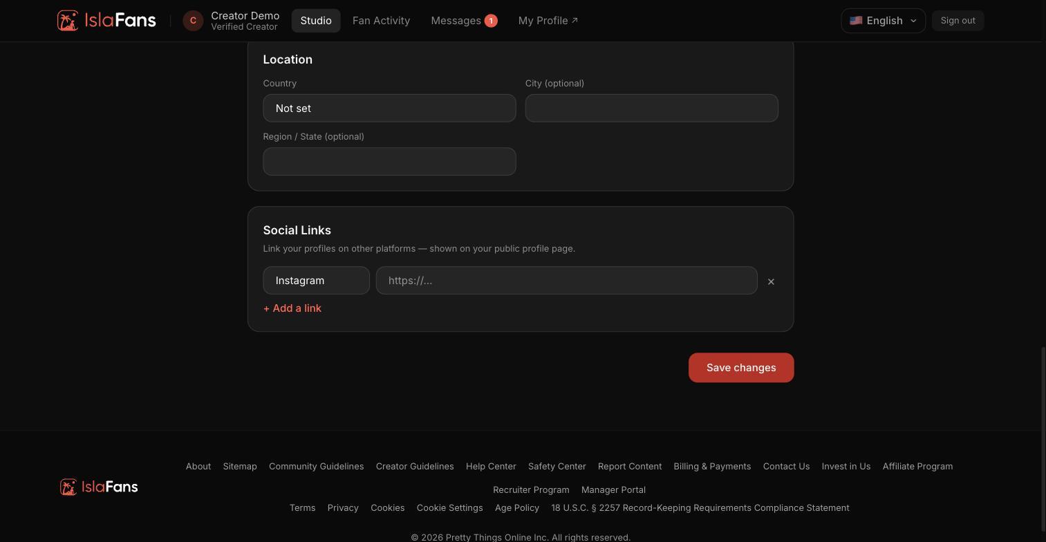 Location fields and social media link inputs.
