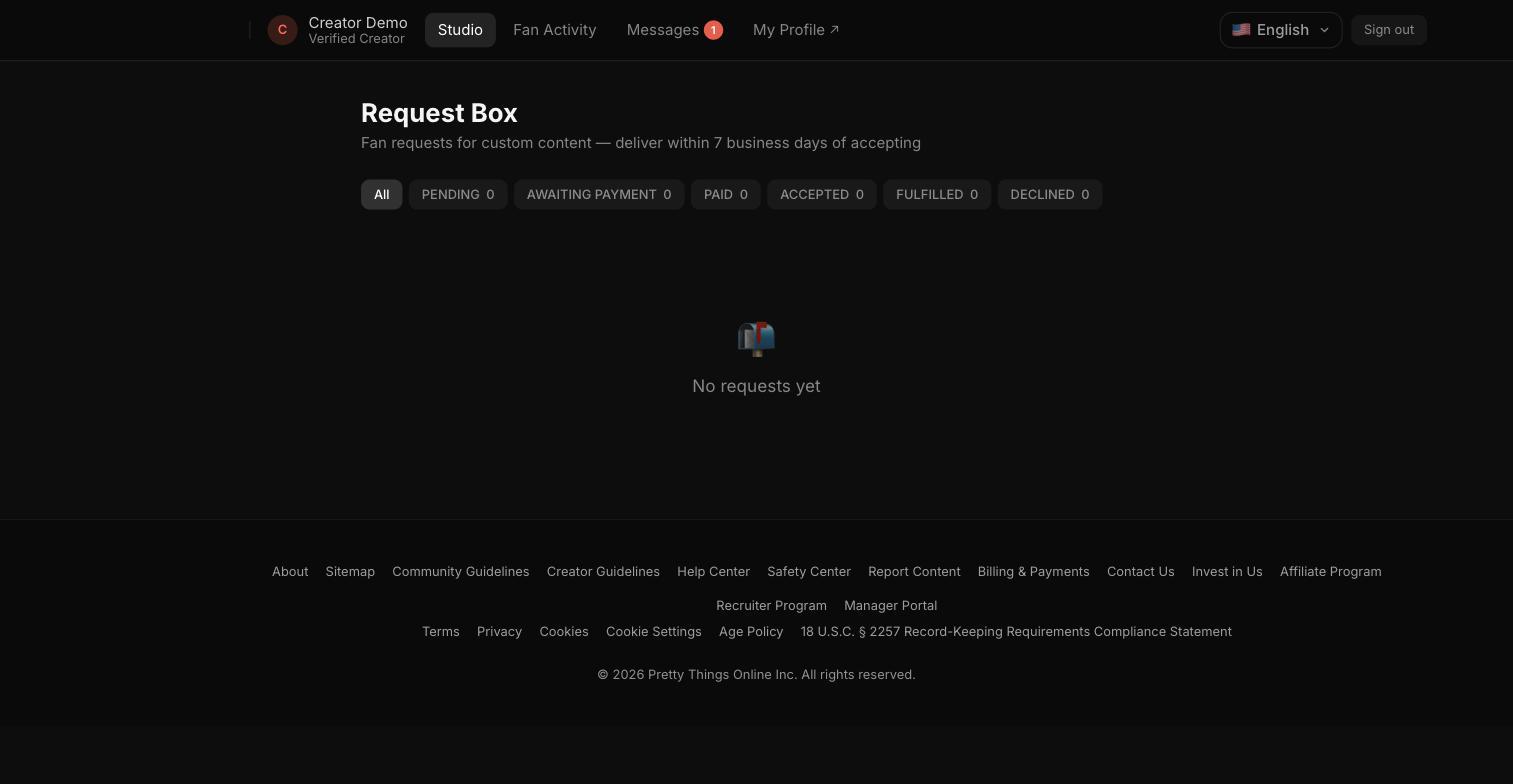 The Request Box with its status filter chips — All, Pending, Awaiting Payment, Paid, Accepted, Fulfilled, Declined.