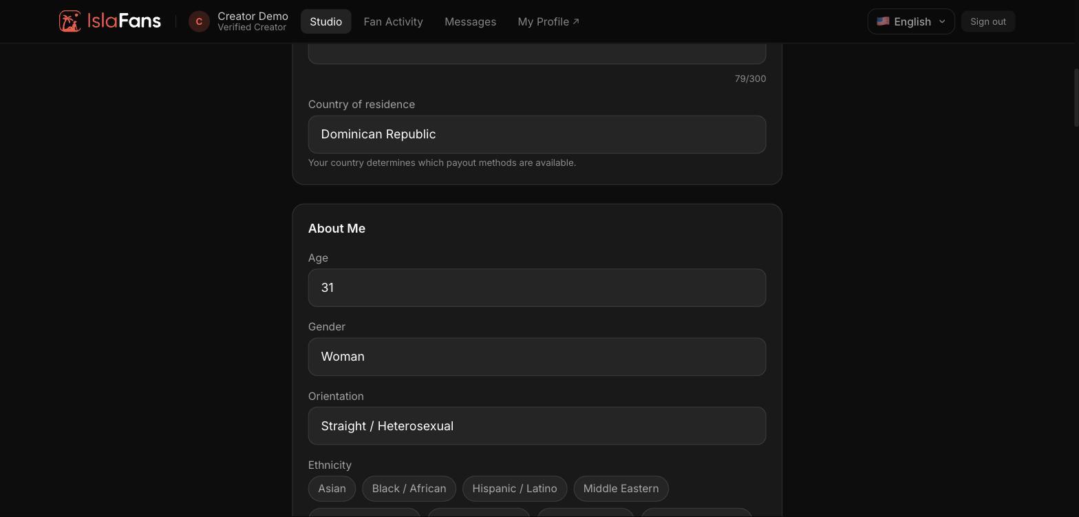 Country of residence, and the start of the About Me section.