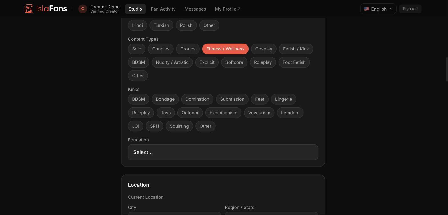 Content Types and Kinks pill selectors.