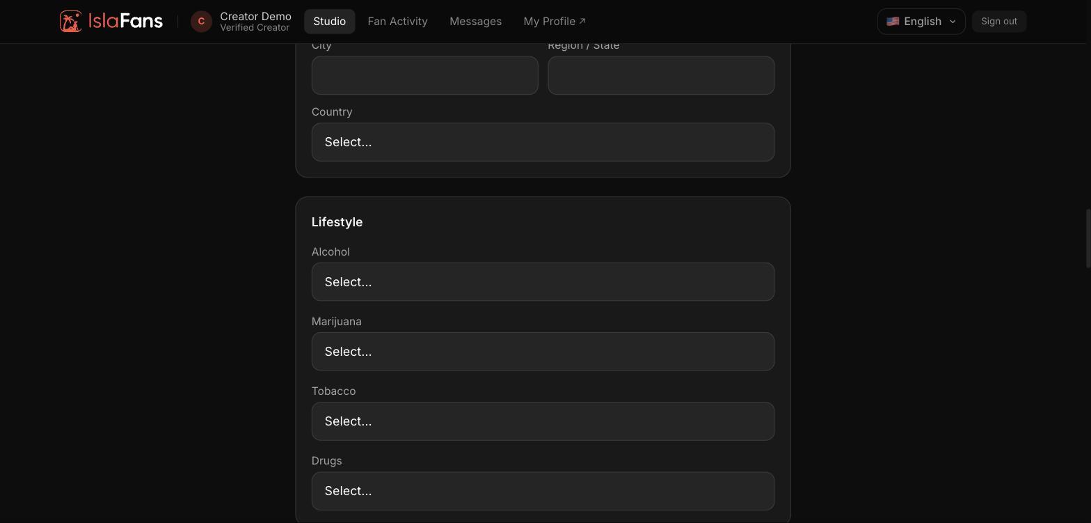 Location fields and the Lifestyle section.