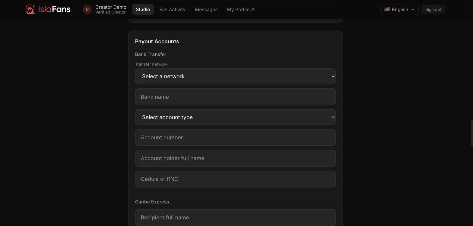 Payout Accounts — Bank Transfer and Caribe Express.