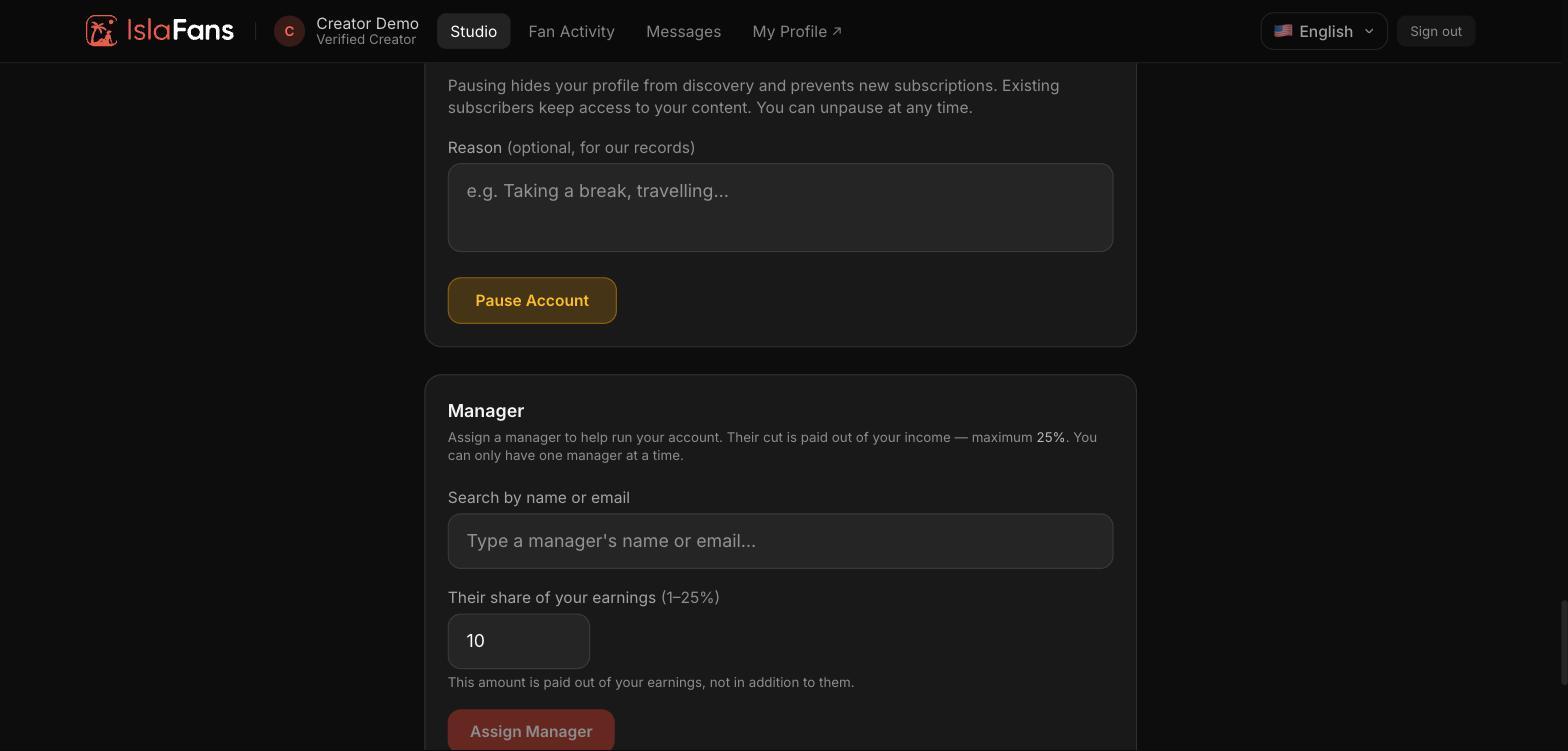 Pause Account and the Manager assignment section.