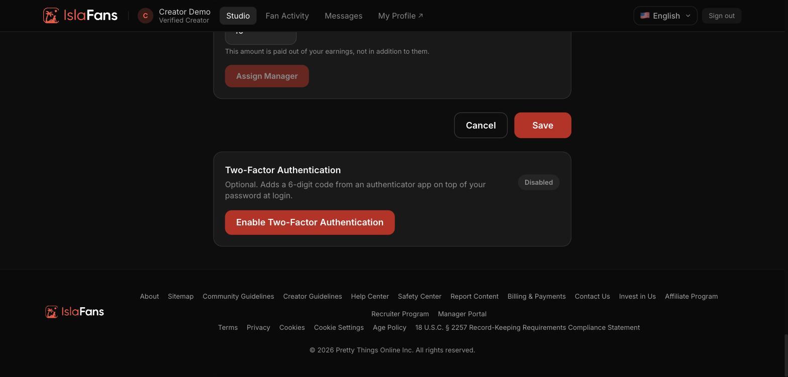 The Save/Cancel buttons and the Two-Factor Authentication section.