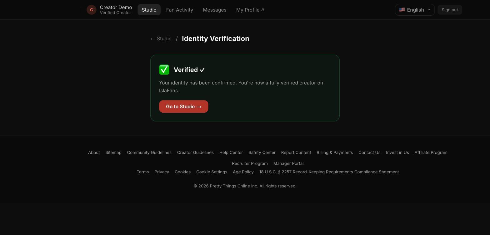 The Verified state — identity confirmed, with a link back to Studio.