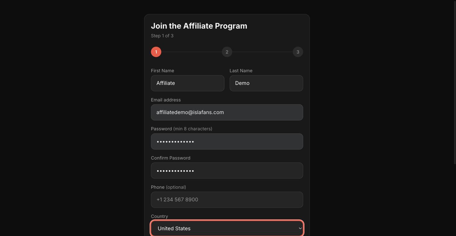 Create Your Affiliate Account — screenshot 2