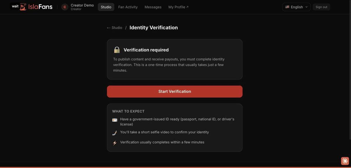 The Identity Verification screen explains what's needed: a government-issued ID and a short selfie video, completed on your own phone via a QR-code hand-off.