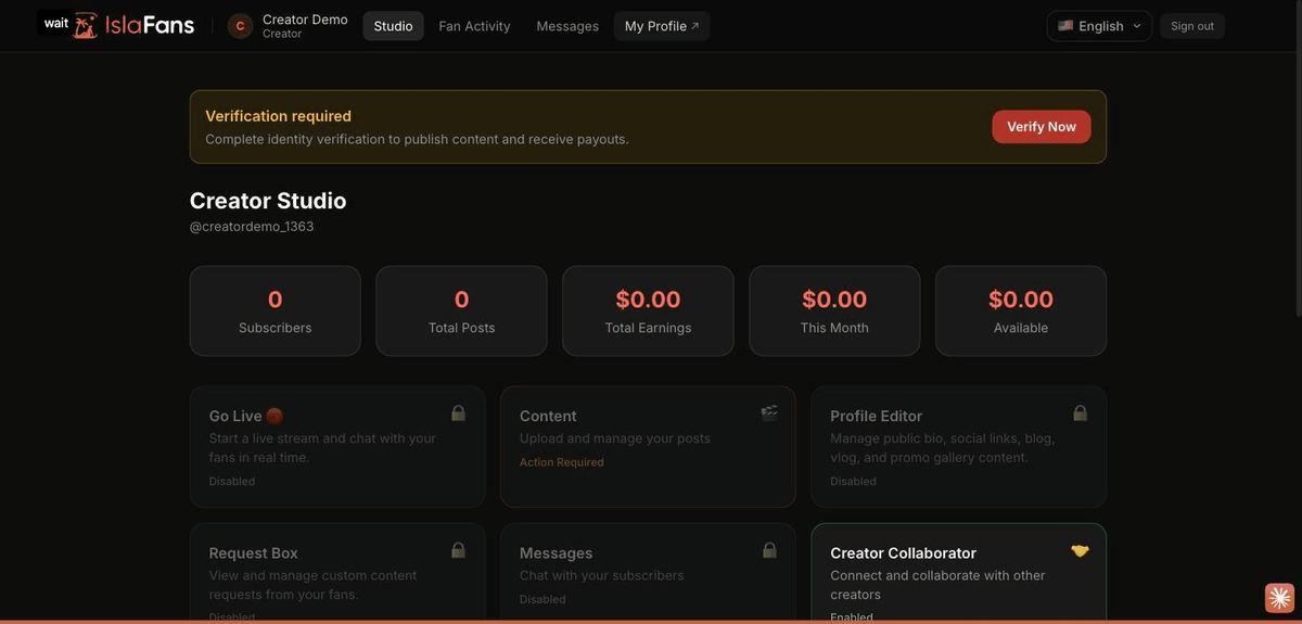 Most Studio features (Go Live, Content, Profile Editor, Request Box, Messages) stay locked until verification is approved.