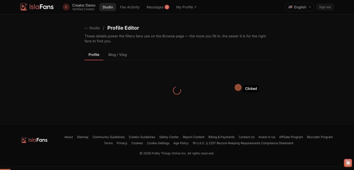 Opening the Profile Editor from the Creator Studio dashboard.