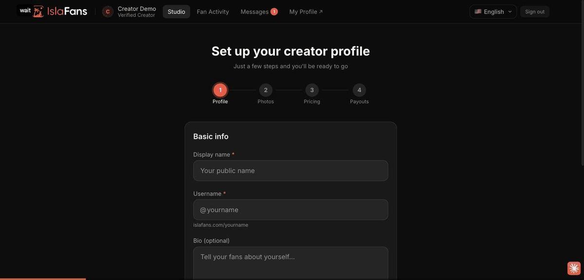 Complete your creator profile — screenshot 2