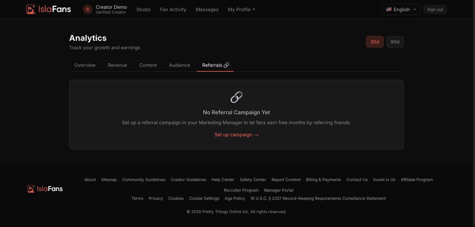 The Referrals tab, before a referral campaign has been set up.
