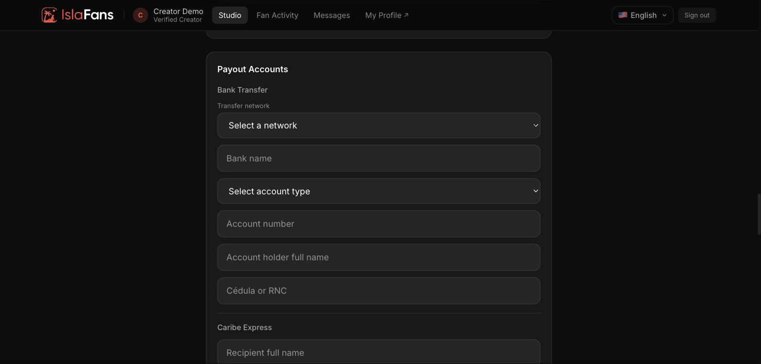 Payout Accounts — Bank Transfer fields, with Caribe Express below.