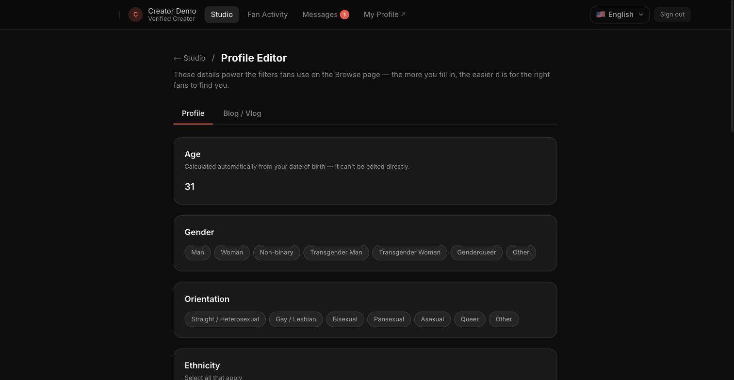 The top of the Profile tab — display name, username, and bio.