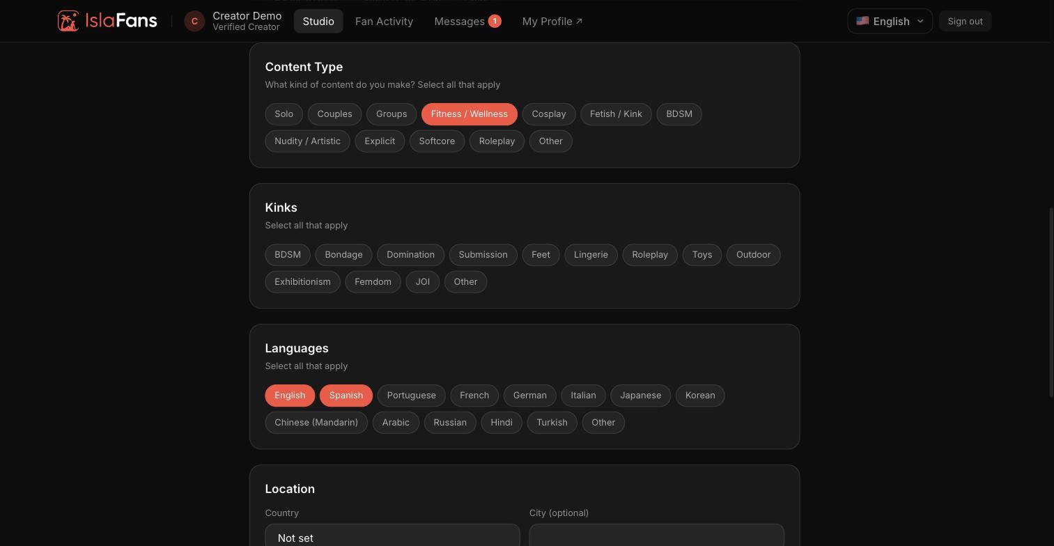 Pill selectors for content types, kinks, and spoken languages.