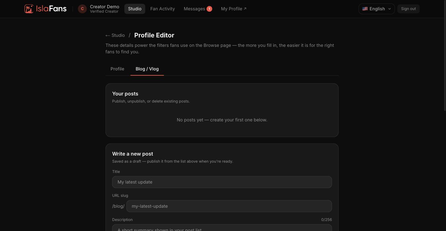The Blog/Vlog tab — list of your posts.