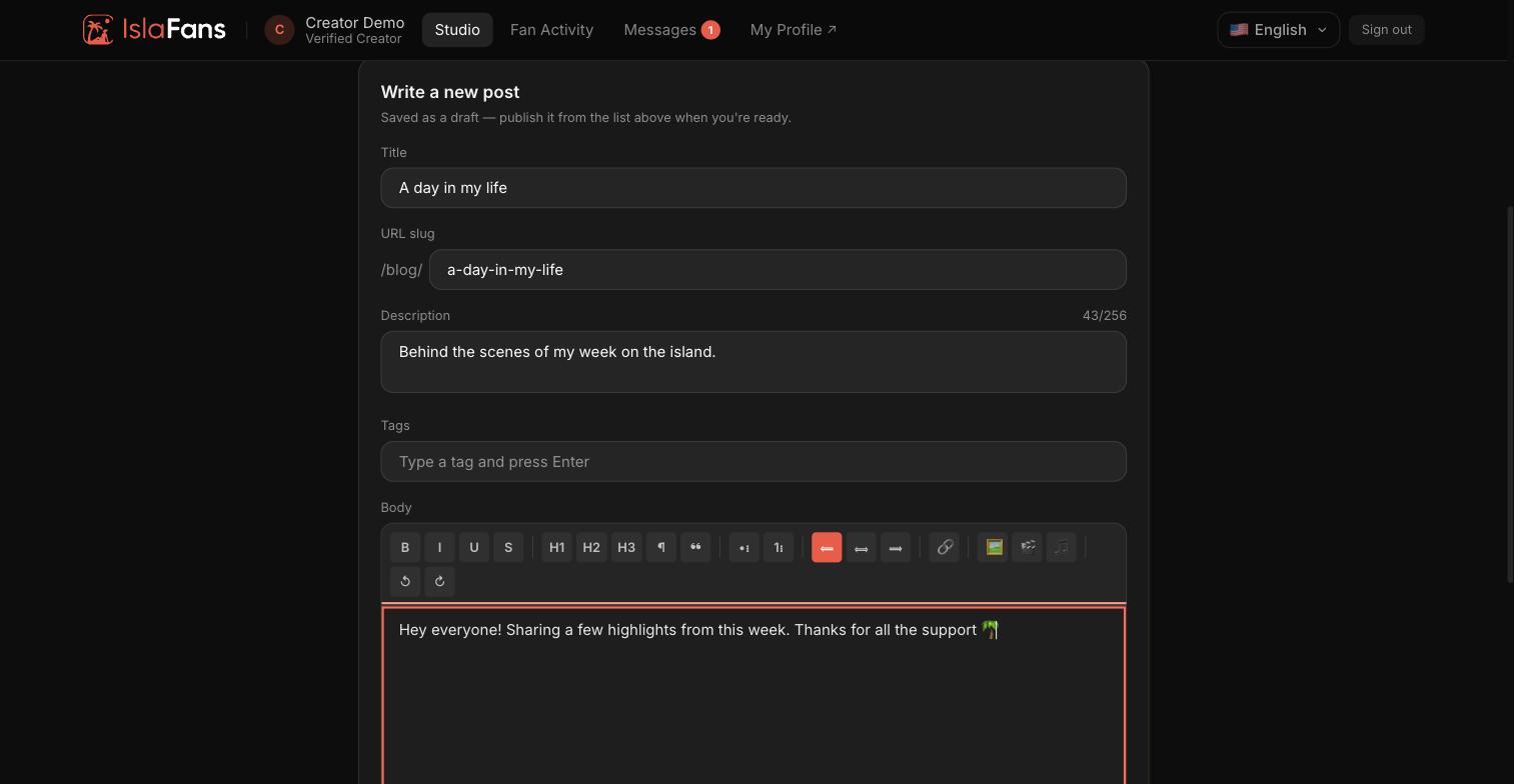 The rich-text editor for writing a new blog/vlog post.