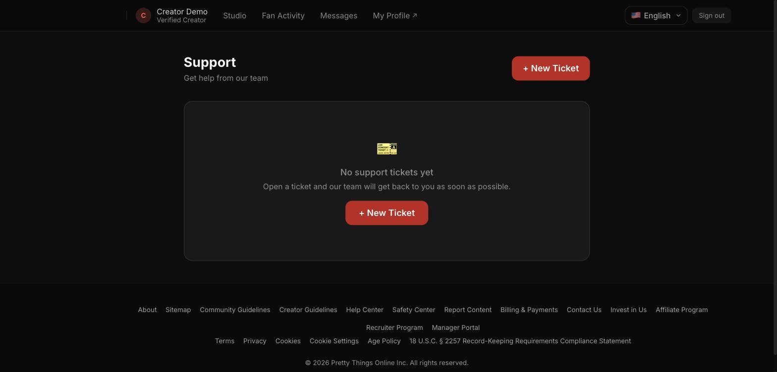 The Support ticket list, empty, with a New Ticket button.