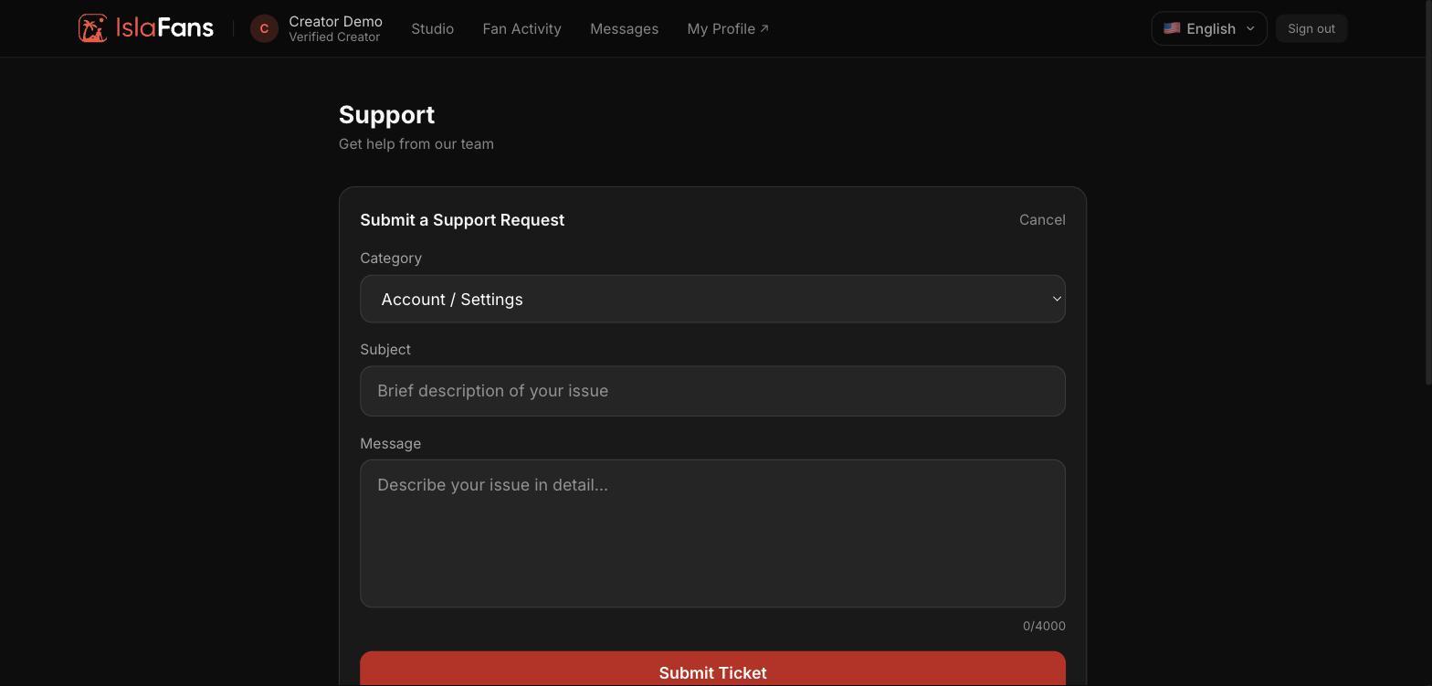 The new support ticket form — category, subject, and message.